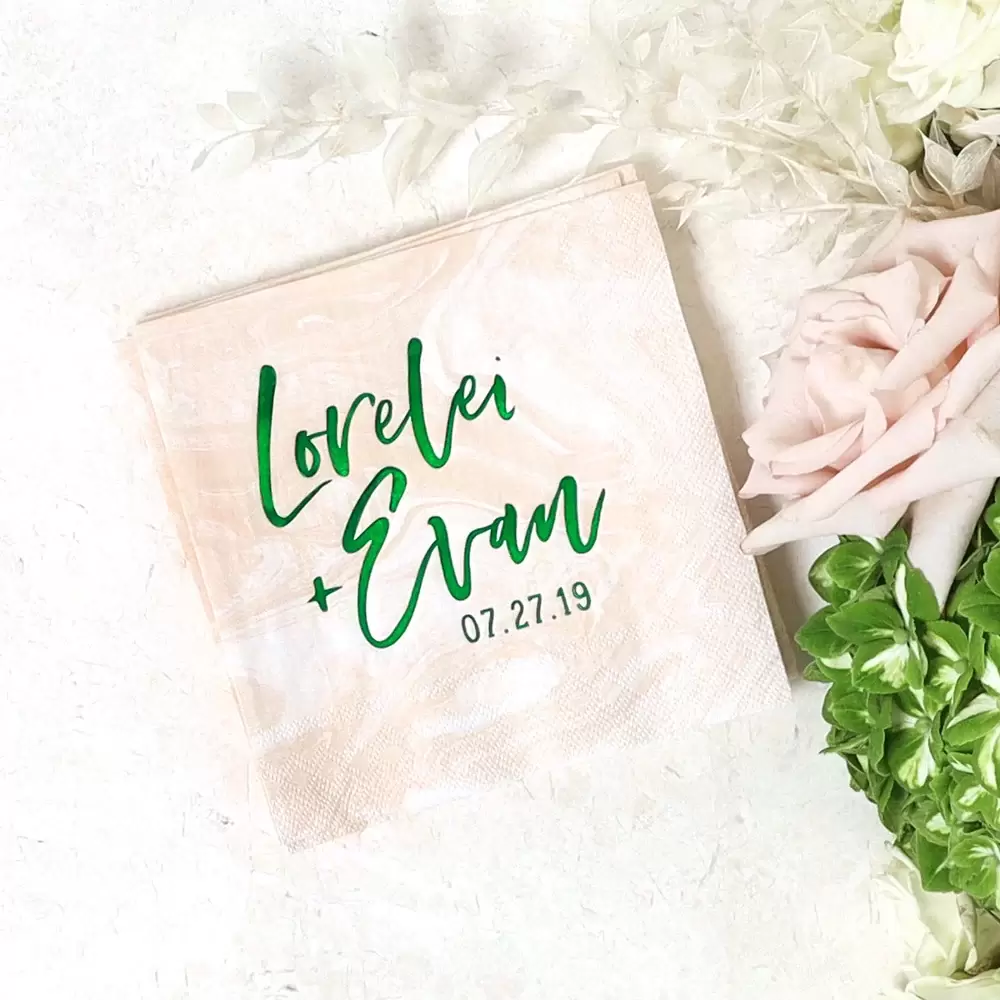 custom wedding napkins with pop of bright green foil stamping