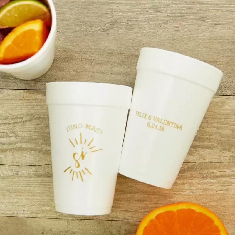 custom designed two-sided "uno mas" styrofoam cups 