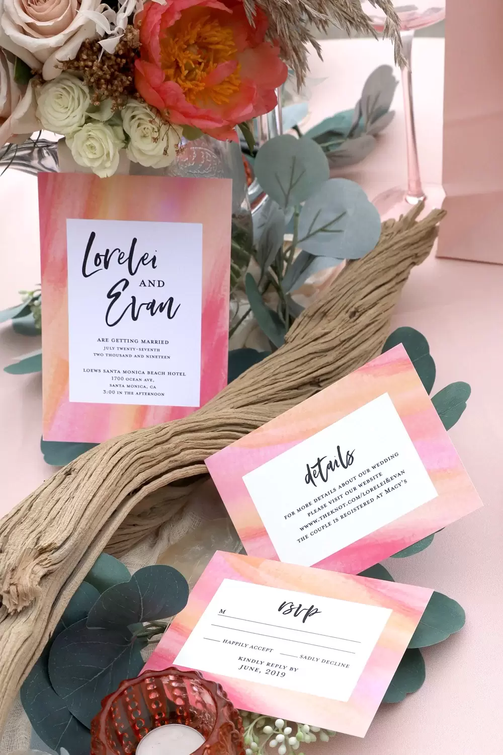 custom designed watercolor wedding invitation suite