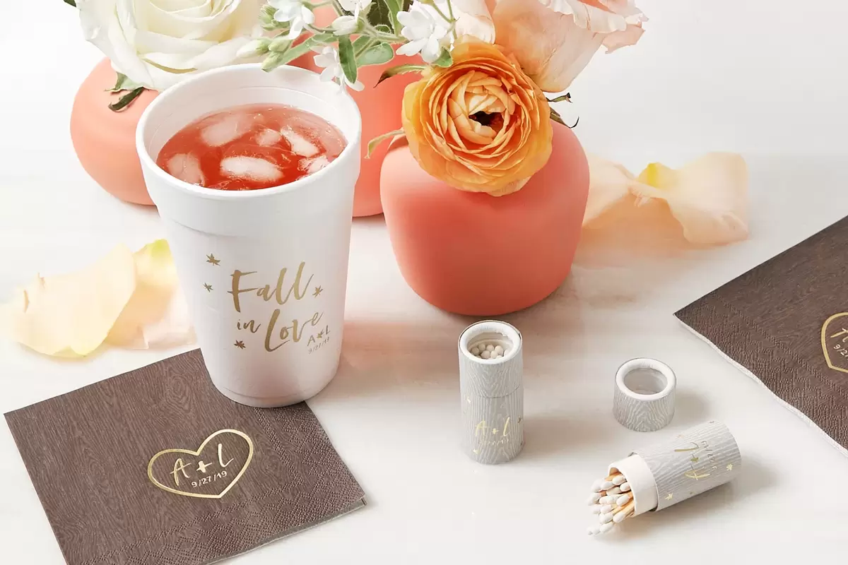 customized Fall in Love engagement party accessories