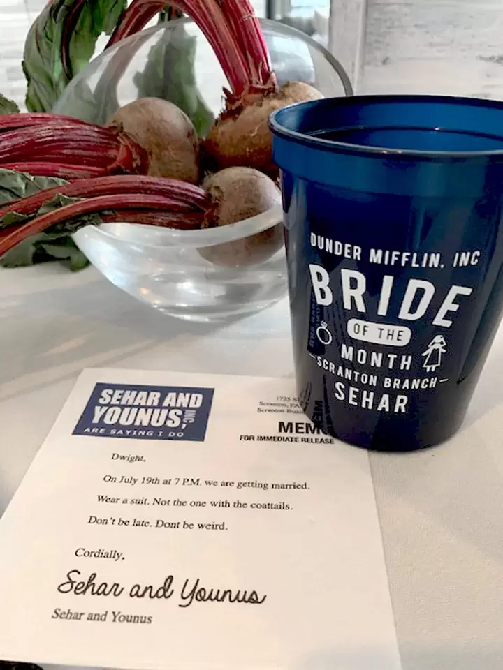 On-Theme Beet Centerpieces at "The Office" Themed Bridal Shower