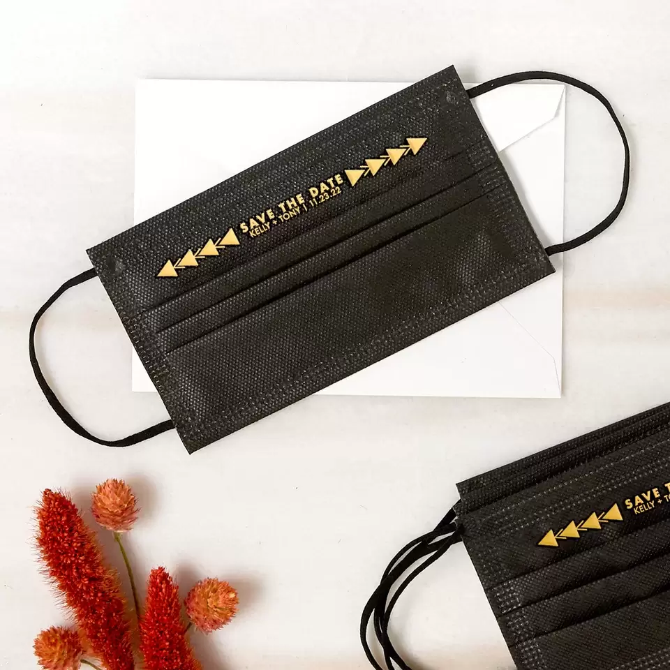 Black Reusable Face Mask with "Save the Date" foil stamped on.