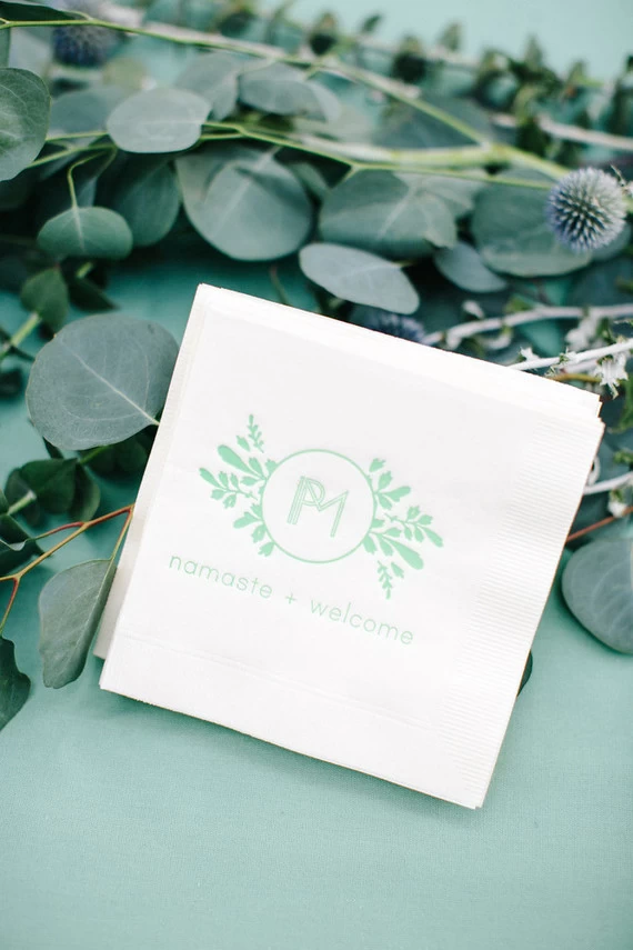 The couple's beautiful wedding cocktail napkins.