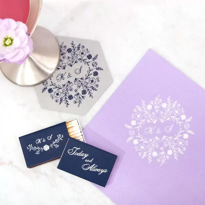 add floral details to your custom matches, coasters and napkins with For Your Party