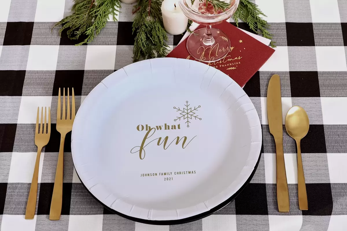 Set your holiday table with gorgeous customized plates and napkins from For Your Party