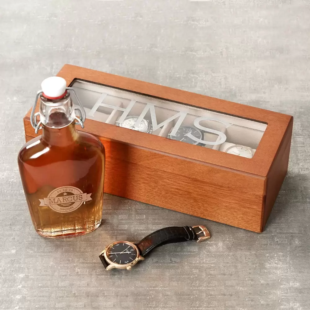 Personalized wooden watch box and engraved hip flask make a great anniversary gifts
