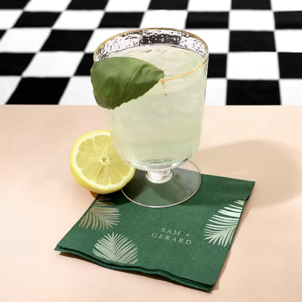gin basil cocktail recipe with custom napkin