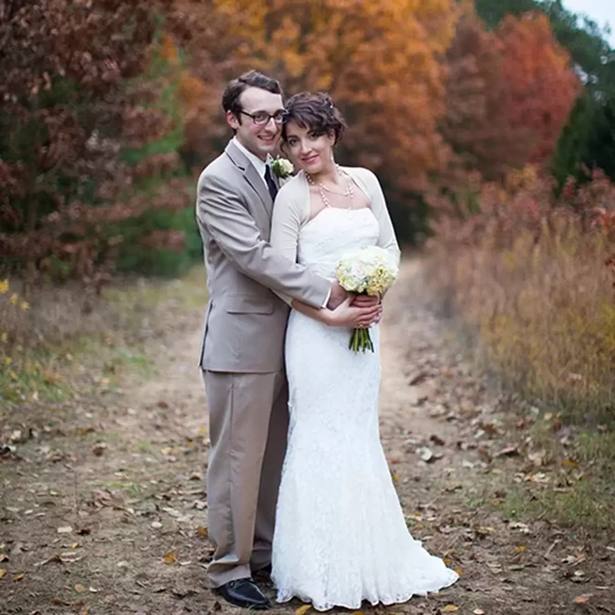 fall outdoor wedding with lace mermaid wedding dress