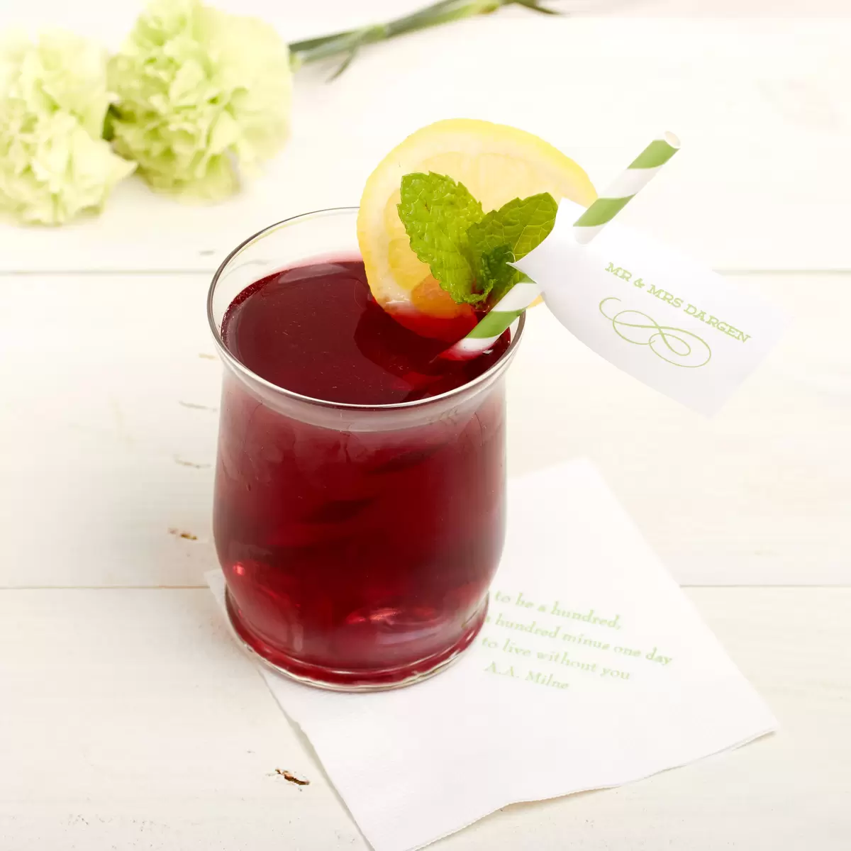 Blackberry Whiskey Lemonade with custom straw flag