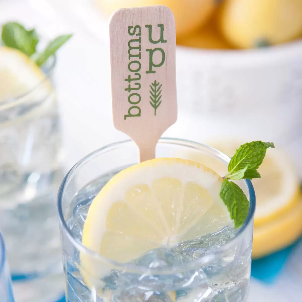 Personalized Cocktail Stirrer in a lemon lime spritzer for summer party hosting