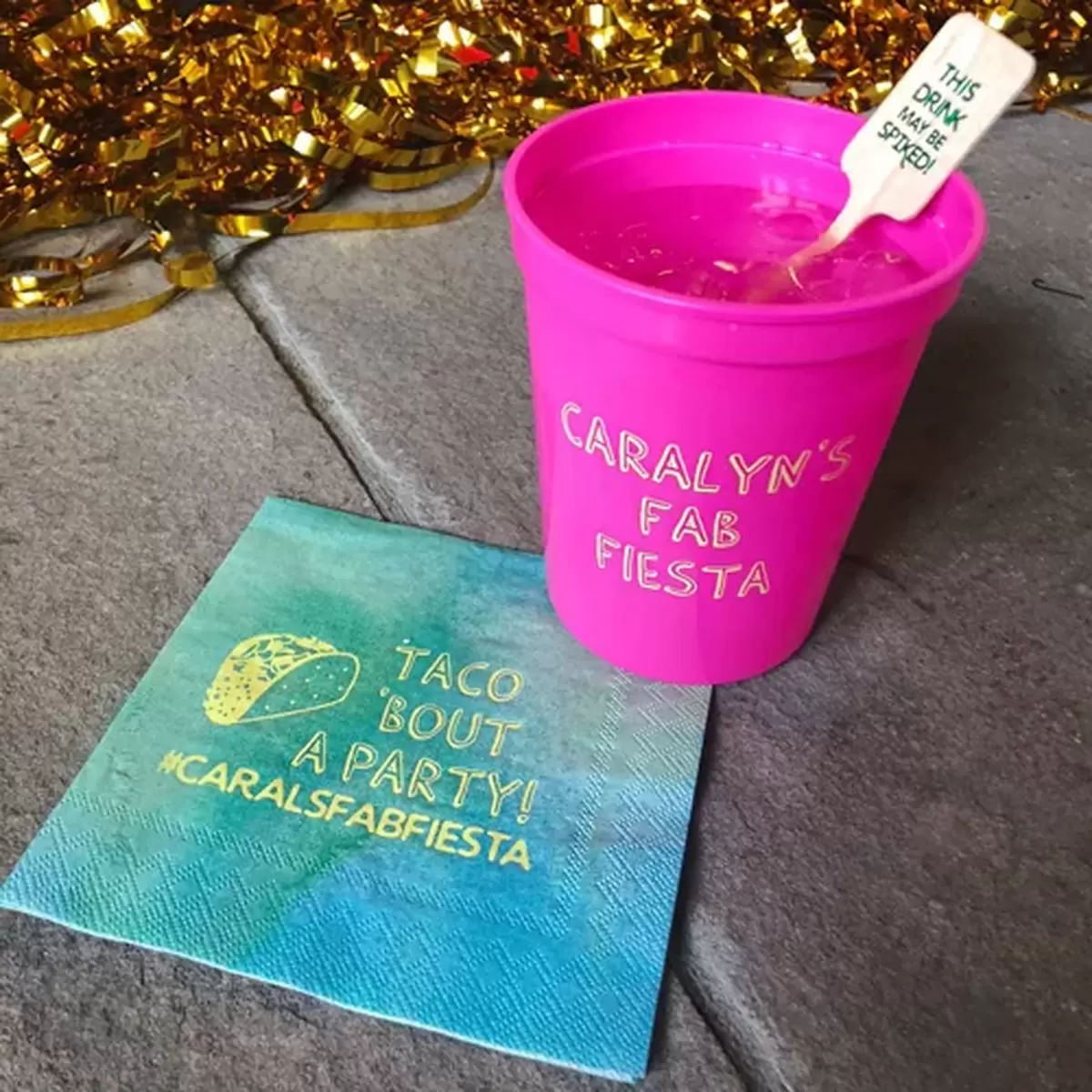 Fiesta Themed Bachelorette Party custom napkins, plastic cups and a drink stirrer