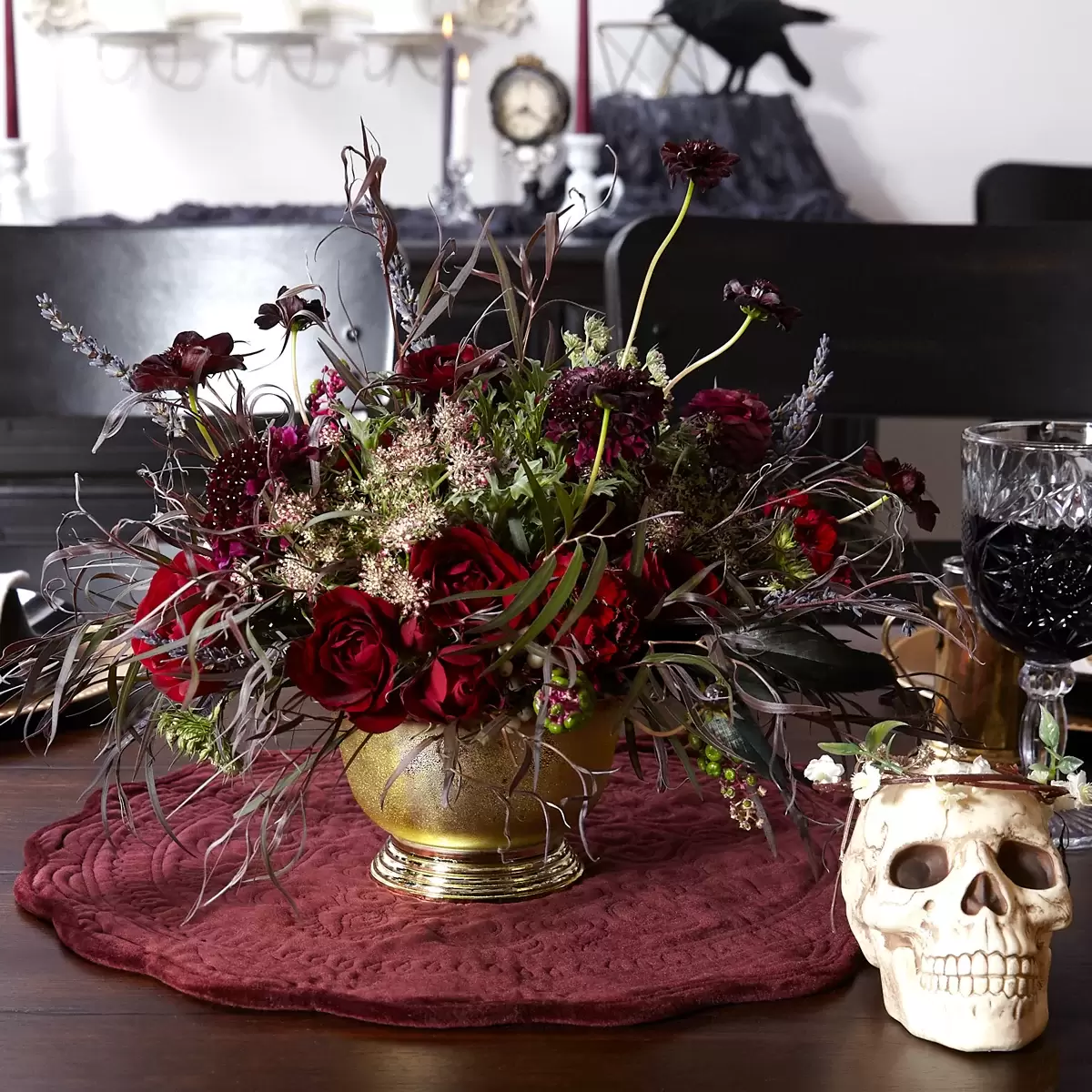 skull and flowers party centerpiece