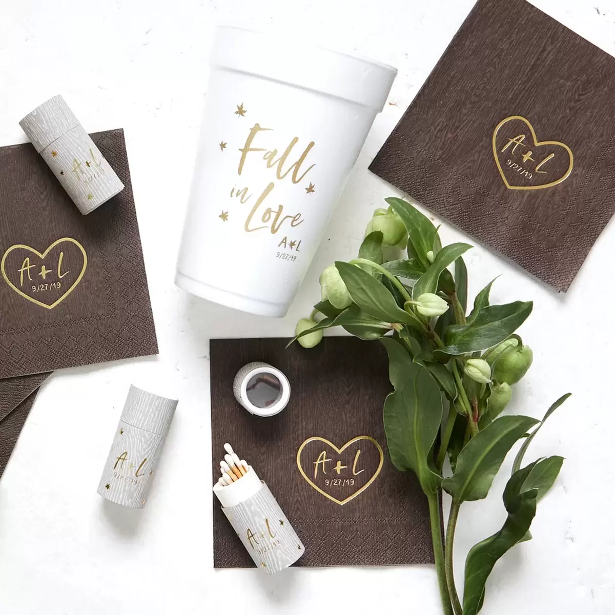 custom designed Fall in Love themed party accessories