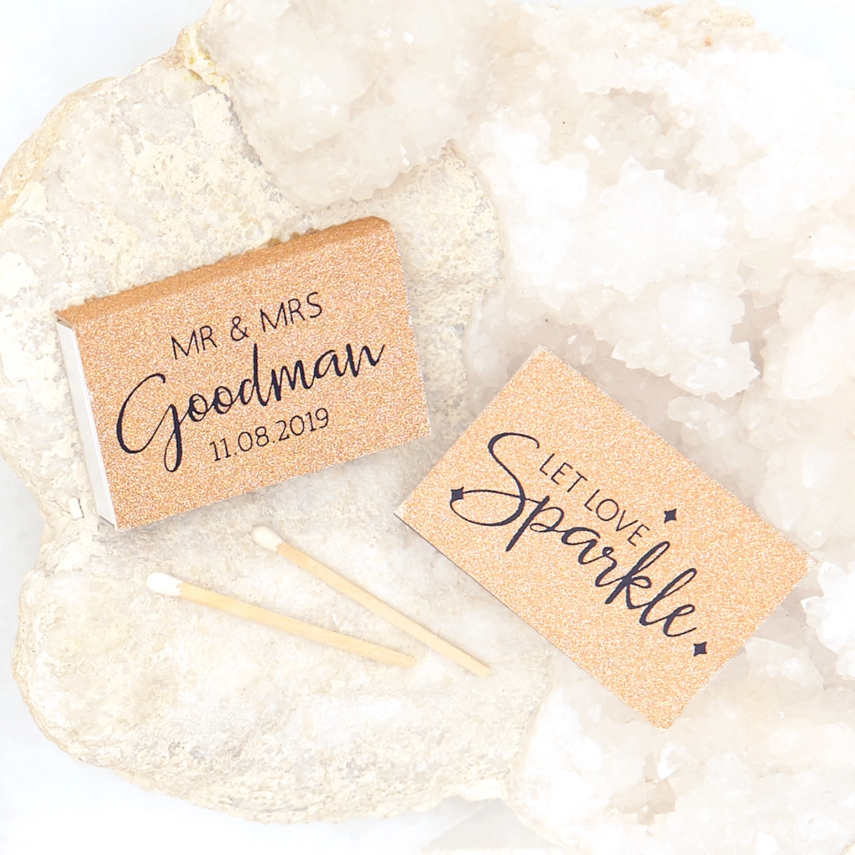 custom wedding matches for geode inspired wedding details