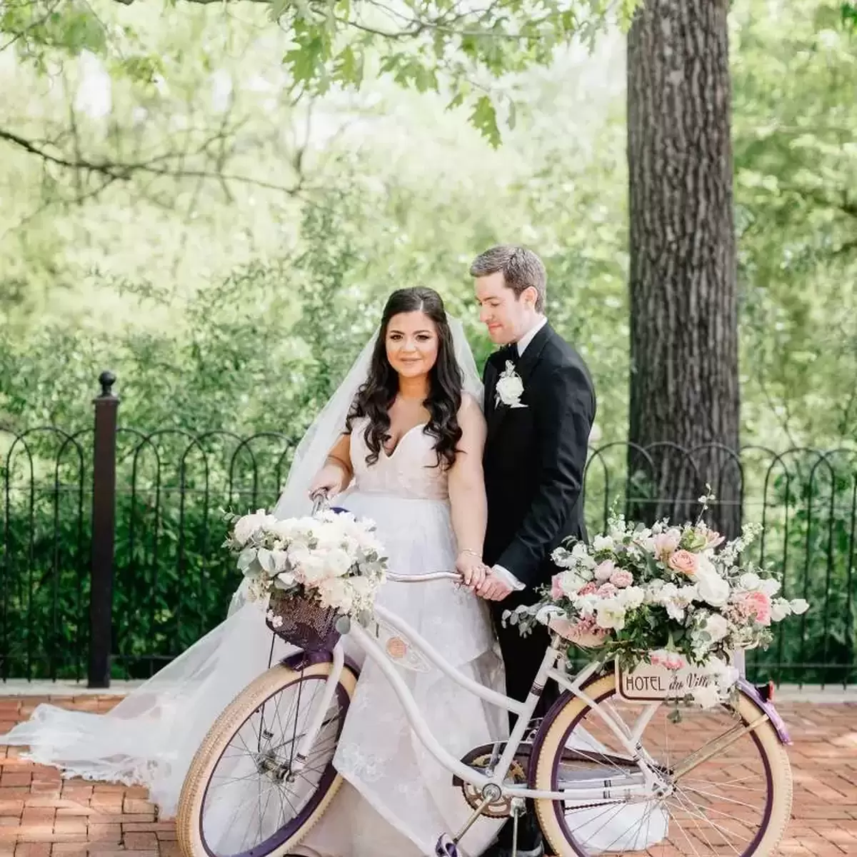 Bride and groom with vintage bike wedding photography inspiration