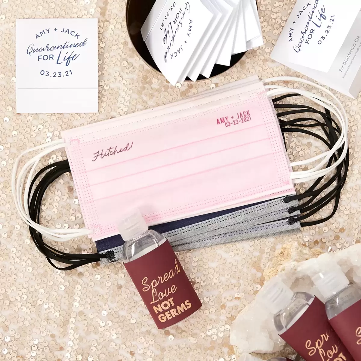 Custom designed disposable face masks and hand sanitizers are a 2021 wedding essential.