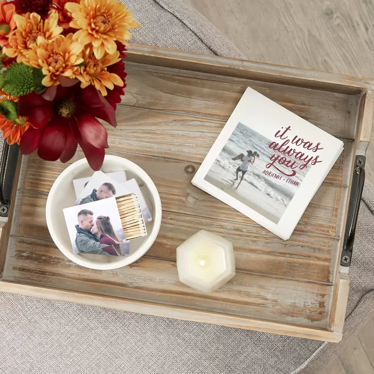 create custom full color napkins and matches for your rehearsal dinner party